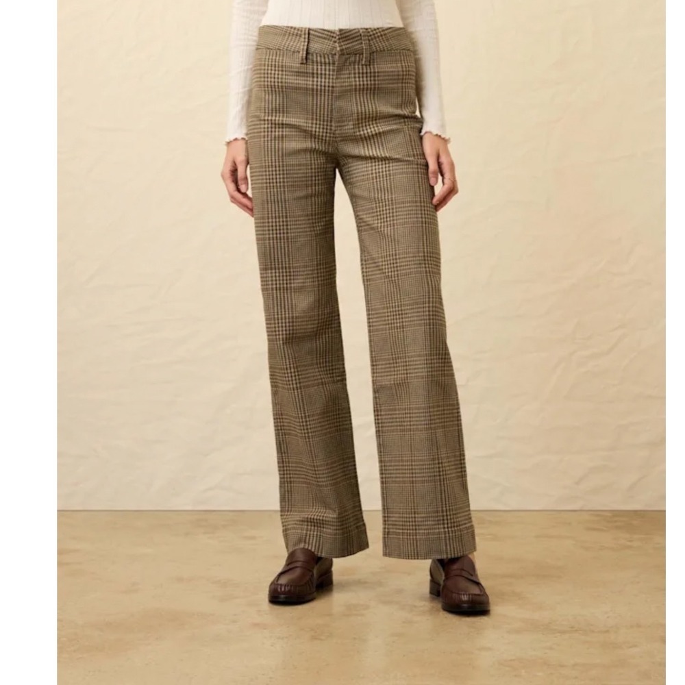 Faherty twill tide Brown Plaid Wide Leg Stretch Trousers Size 28 High Rise